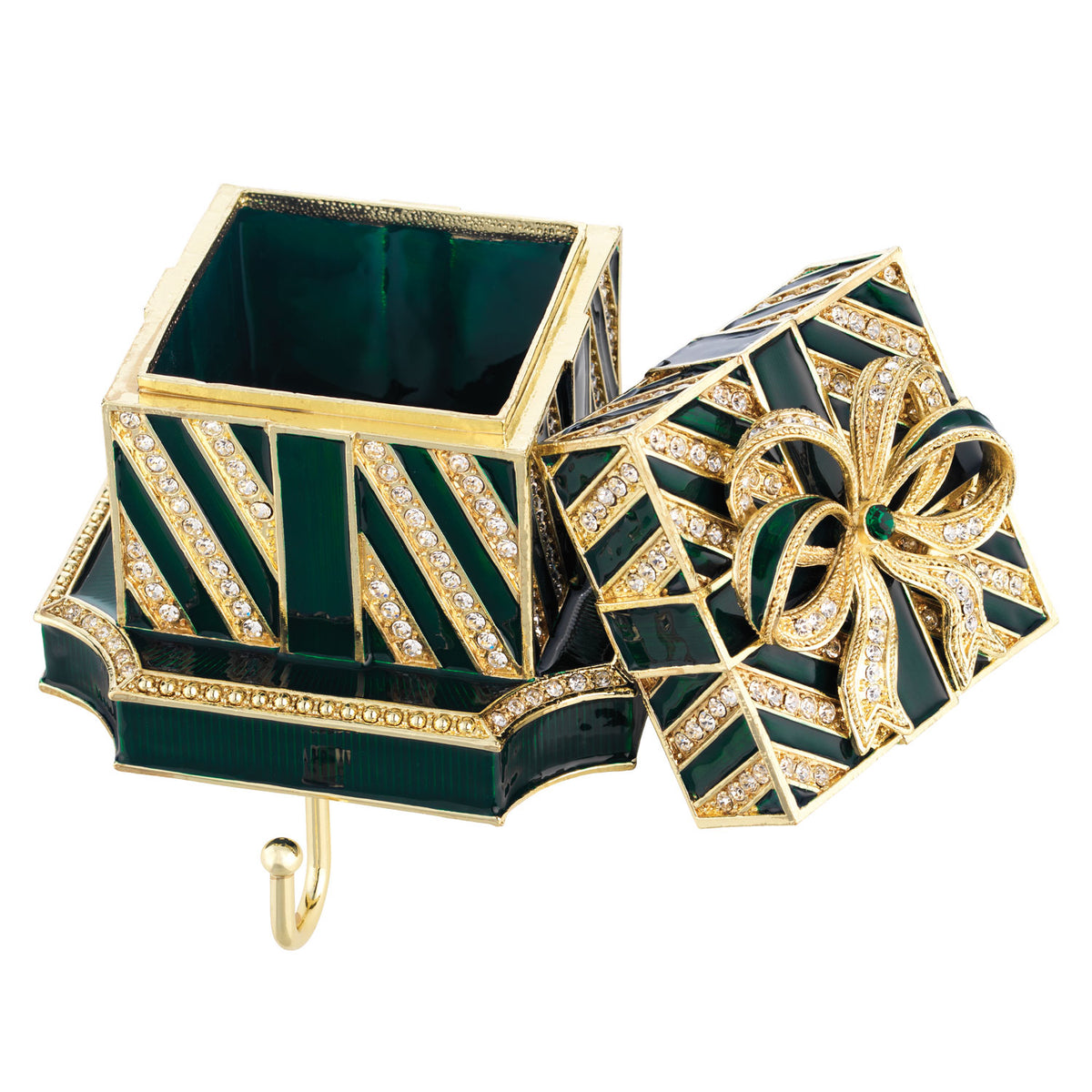 Open Green Gift Box Stocking Holder with dark green enamel interior.