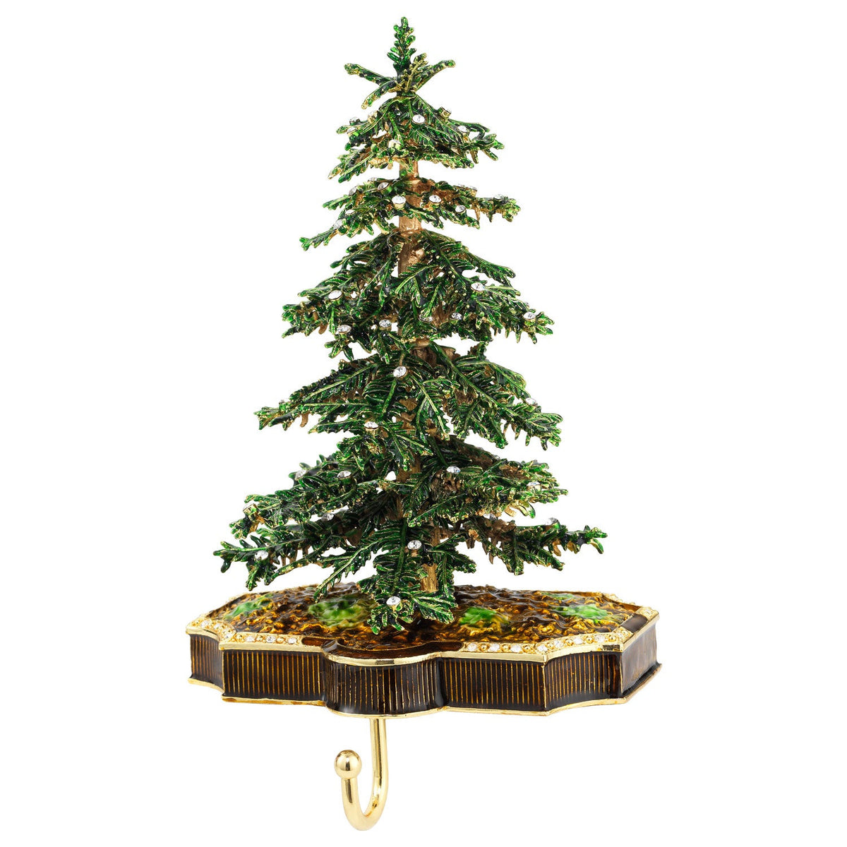 Green Enamel Tree with clear crystals Stocking Holder on a brown enamel base.