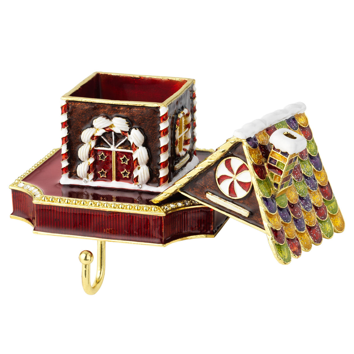 Open Gingerbread House showing dark red enamel interior.