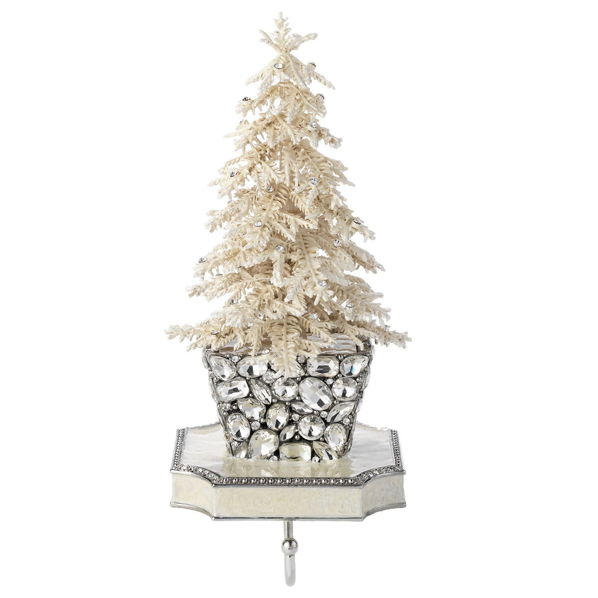 Crystal-studded Ivory Flocked Tree Stocking Holder with a faceted glass gem tree stand and ivory enamel base.