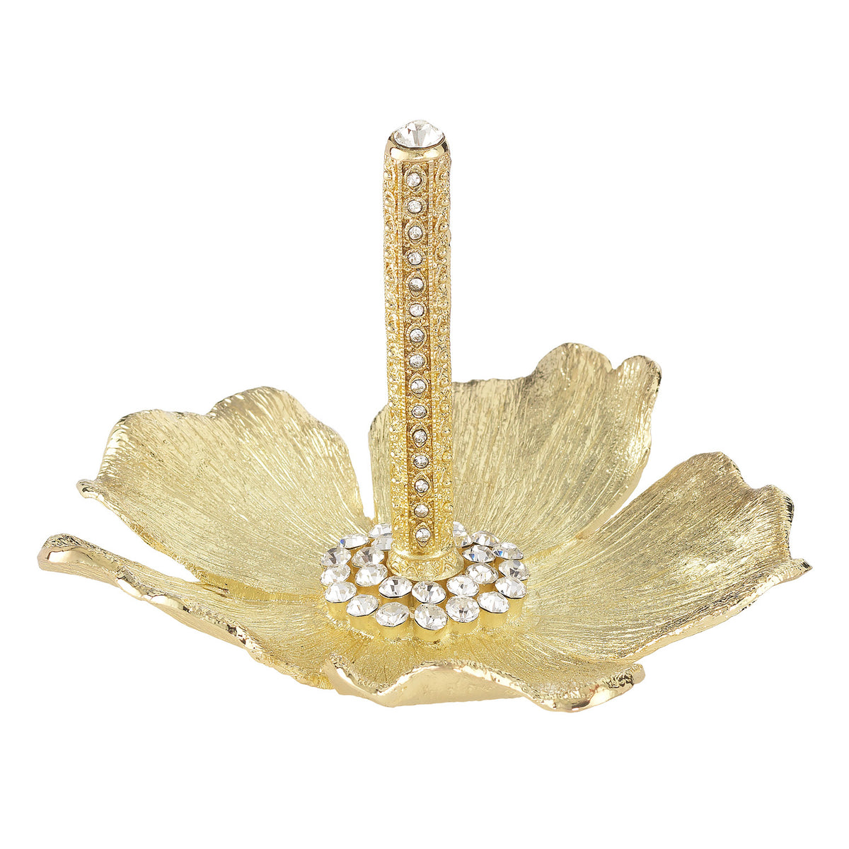 Gold Botanica Ring Holder with clear crystals lining the stem and circling the center of the base.