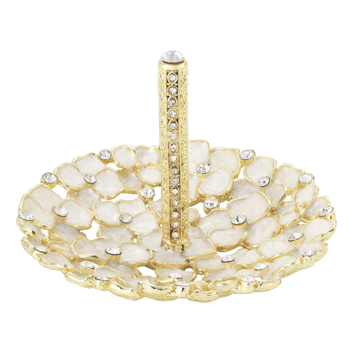 Gold Dogwood Ring Holder with ivory enamel floral patterned dish and tiny round clear crystals lining the stem.