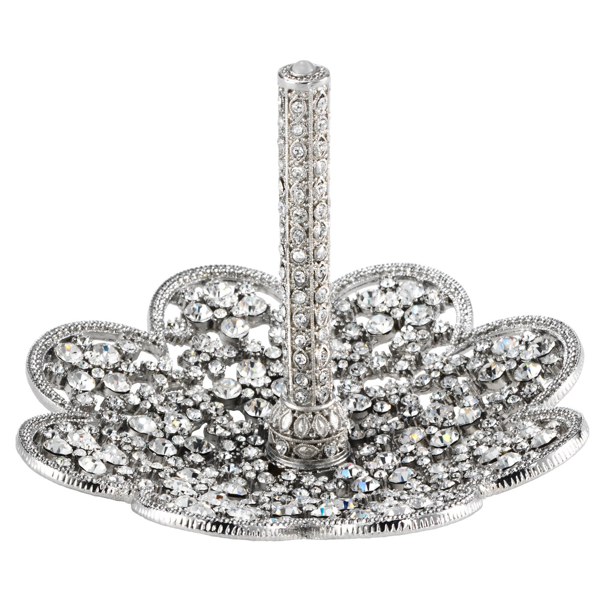 Silver Princess Ring Holder with many clusters of tiny clear stones on the dish, and rows of stones lining the stem..
