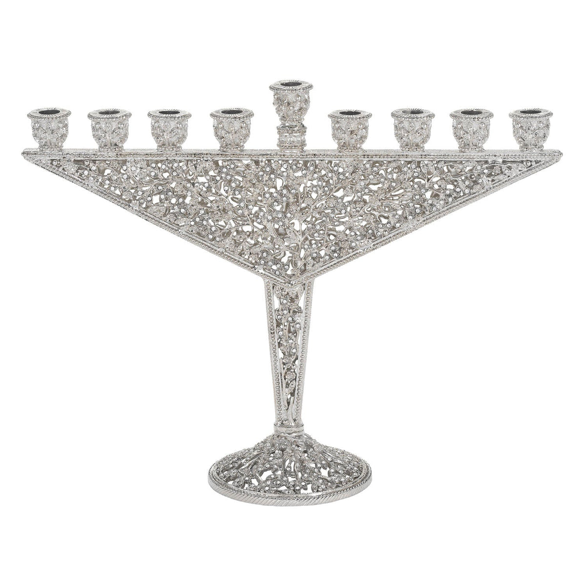 Silver Isadora Menorah with inverted triangle silhouette on a stand.