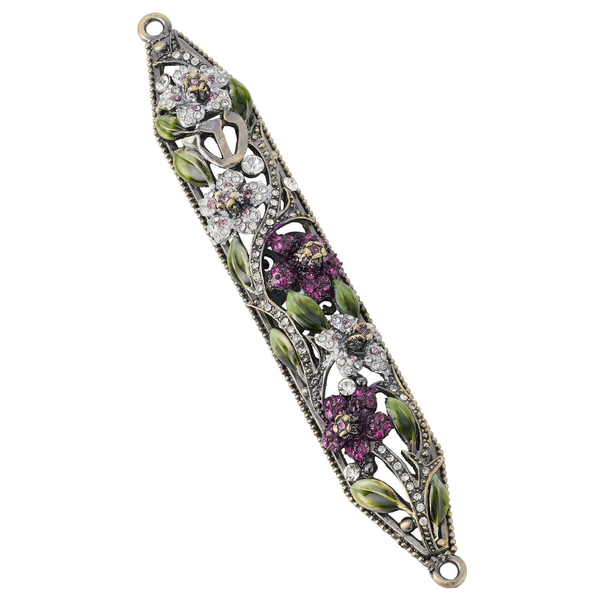 Bronze Sophie 6" Mezuzah in vivid green and purple/pink hues.