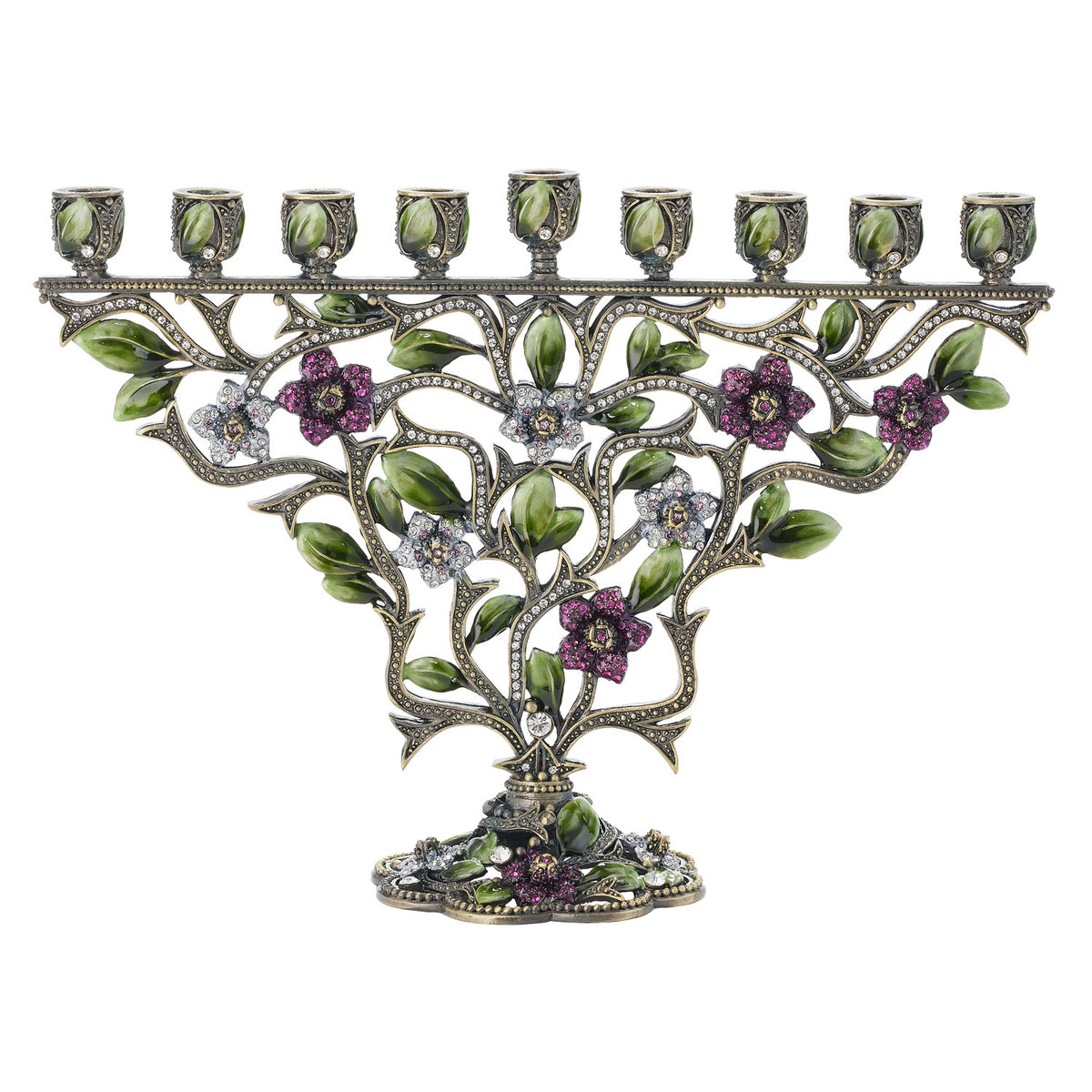 Bronze Sophie Menorah in branch pattern with vivid green and purple/pink hues. Inverted triangle silhouette.