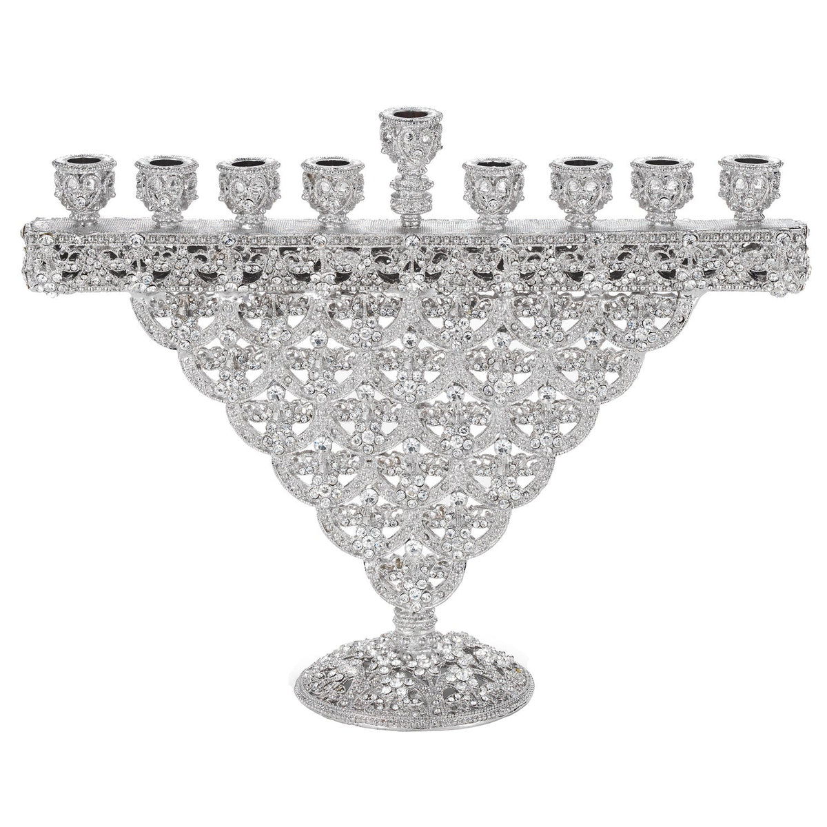 Ornate scalloped Silver Sinclair Menorah with an inverted triangle silhouette
