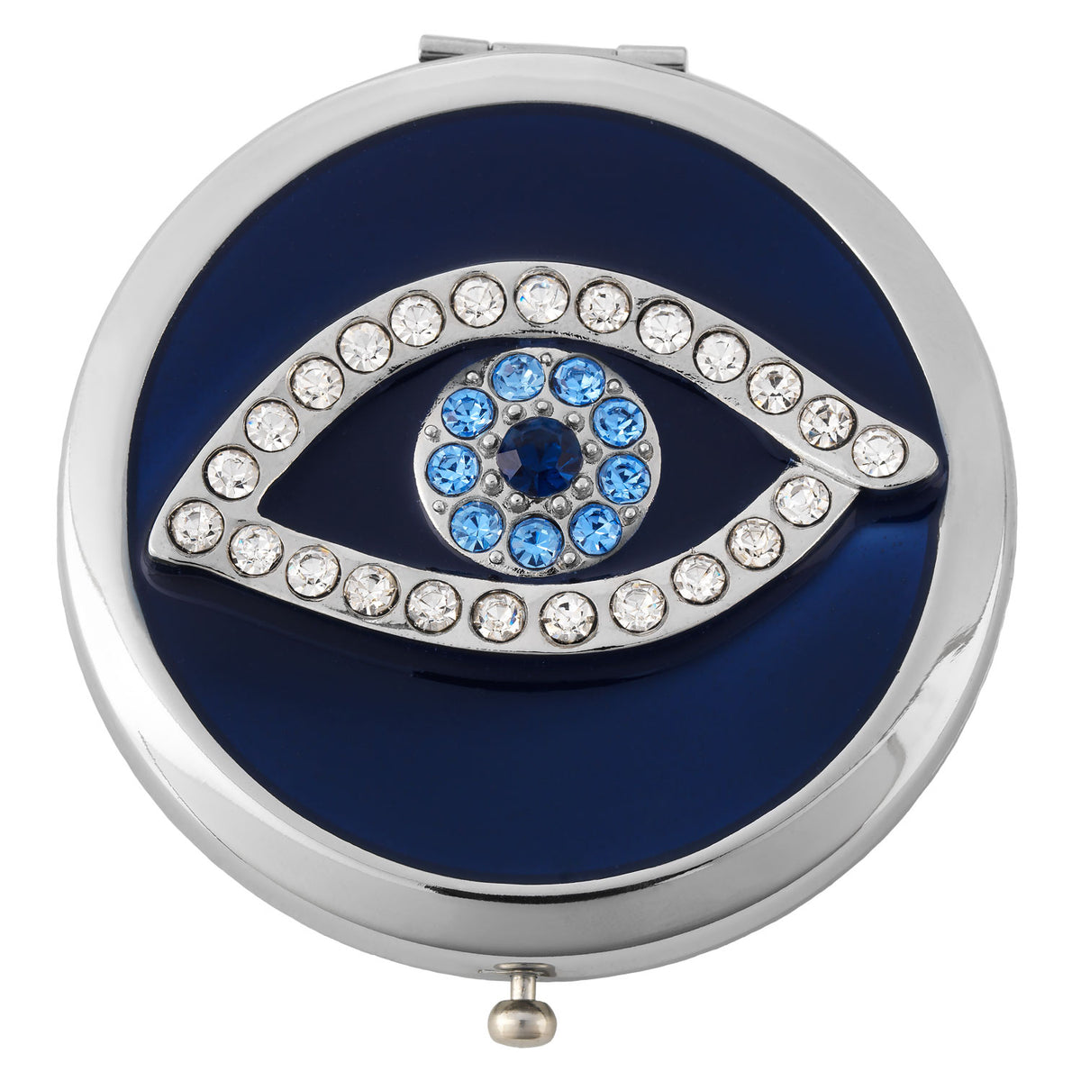 Silver Evil Eye Compact with dark blue top accented with silver-lined eye and light blue iris.
