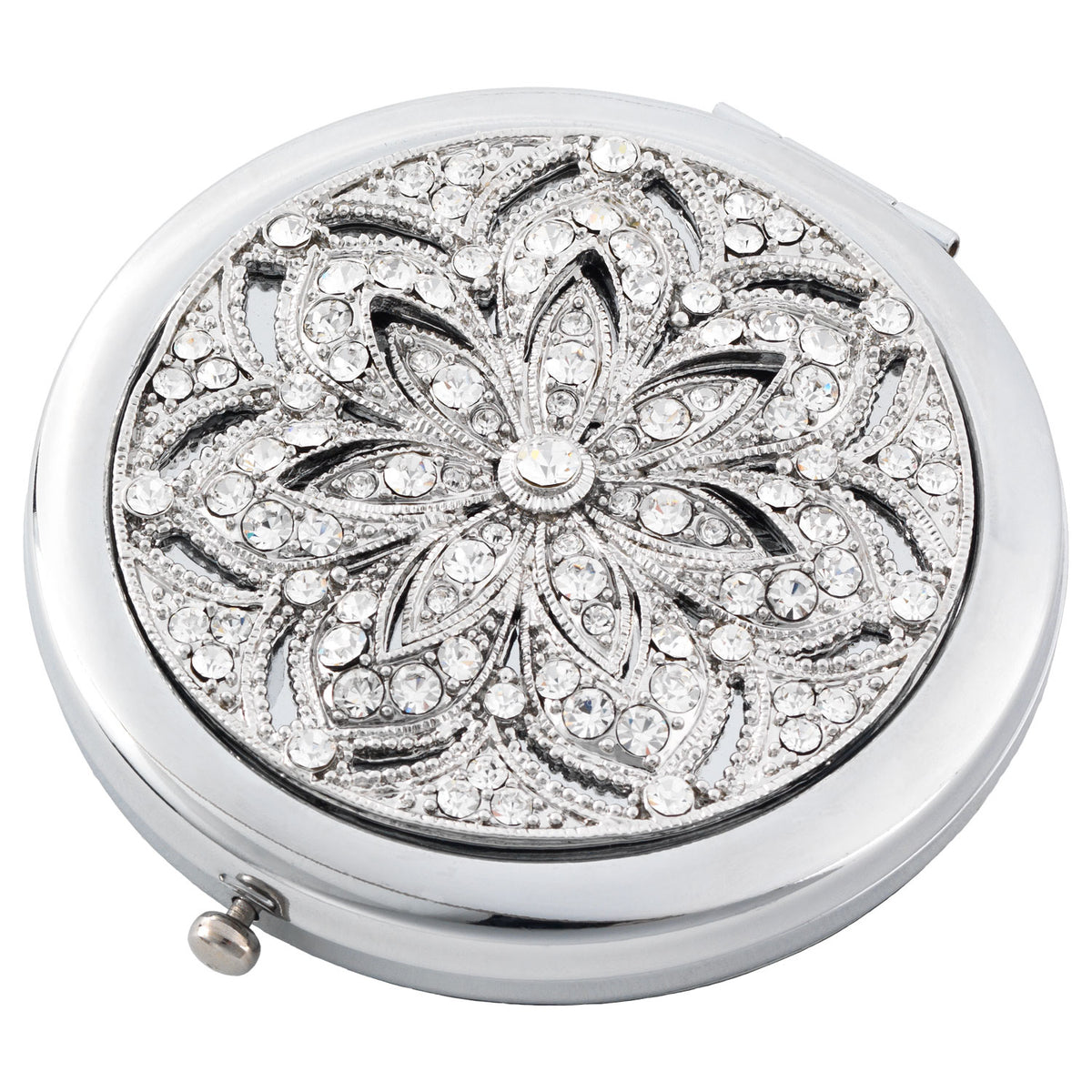 Round Silver Windsor Compact with clear crystals and inset floral motif.