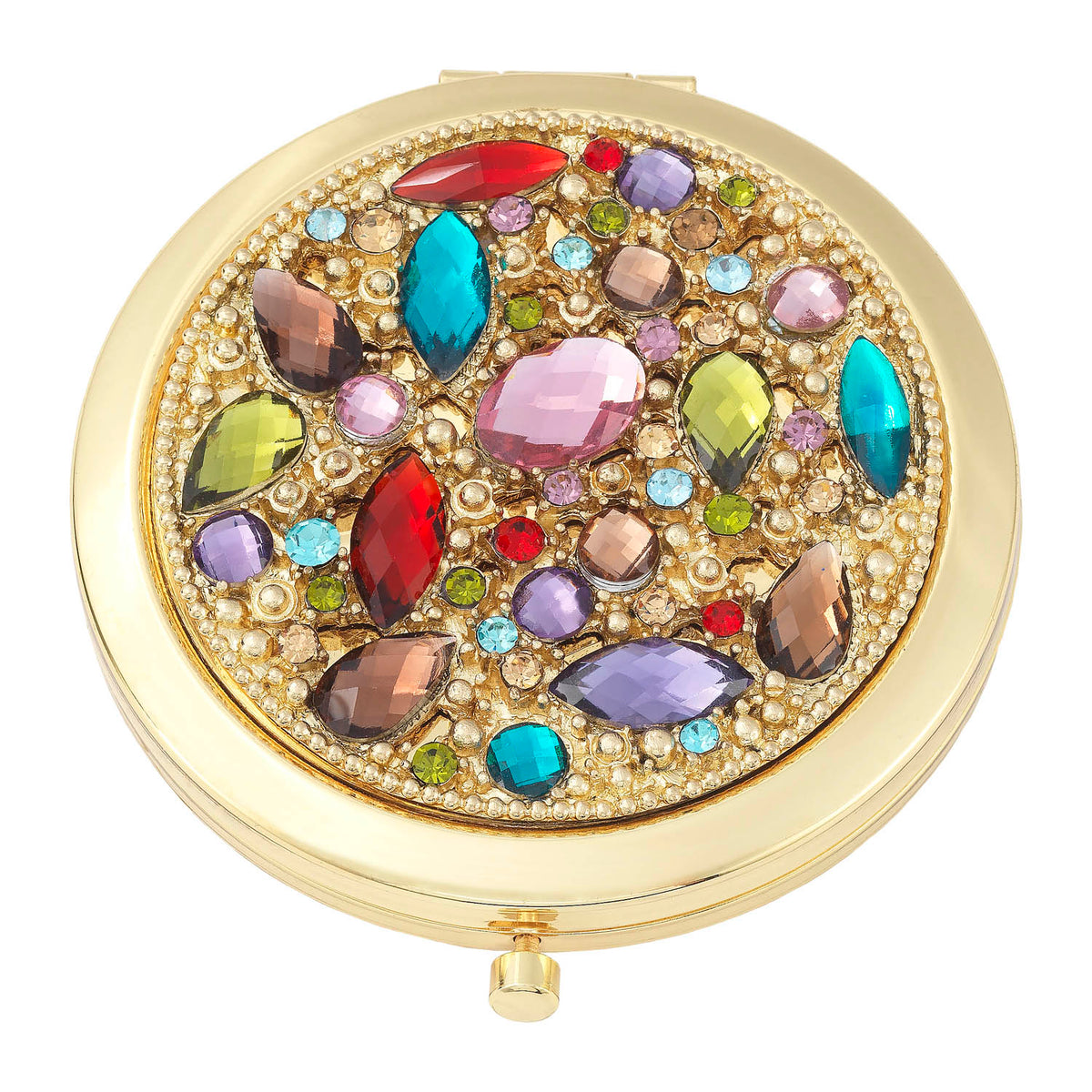 Round Dominique Compact. Gold textured top is studded with multiple sizes of round, oval and teardrop jewel-toned gems.