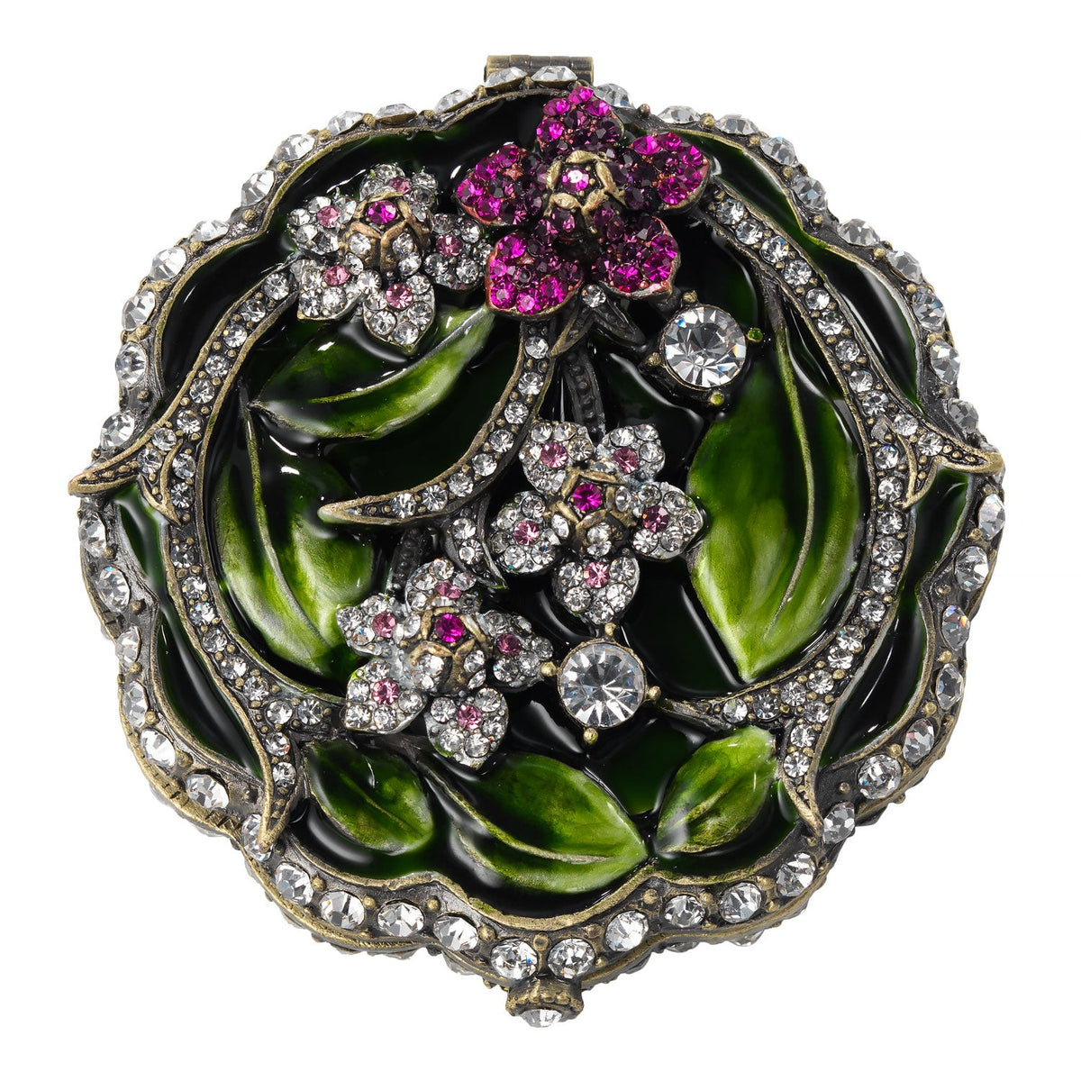 Round scalloped Sophie Compact in vivid green and purple/pink hues.