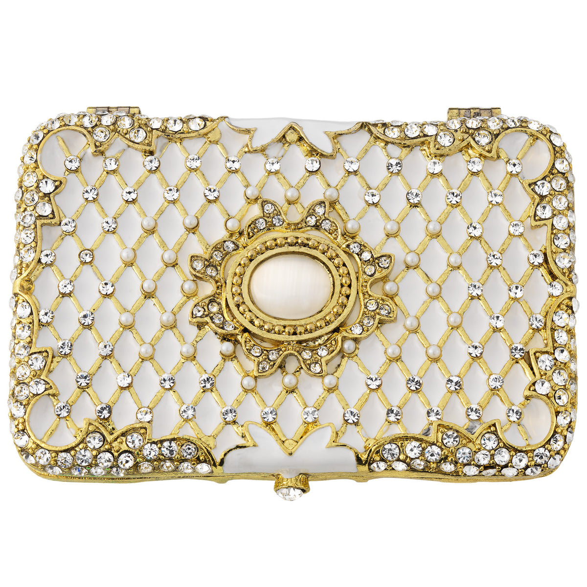 Rectangular Imperial Compact with rounded corners. Gold and white lattice motif with center white oval stone.