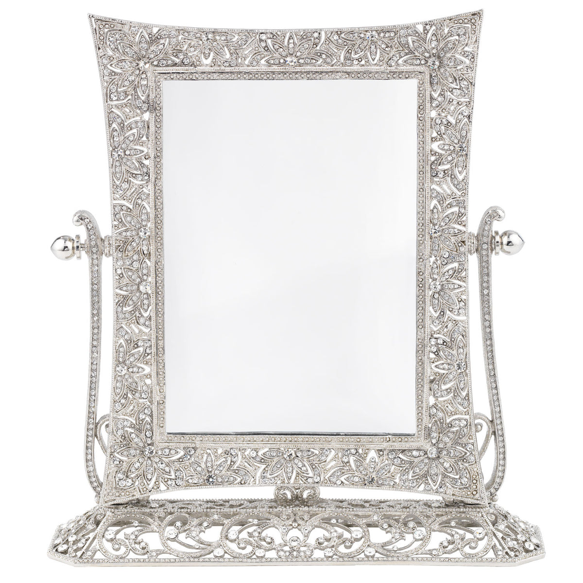 Silver Windsor rectangular Mirror is supported by curved arms above a filigreed base. Clear crystals and inset floral motif.