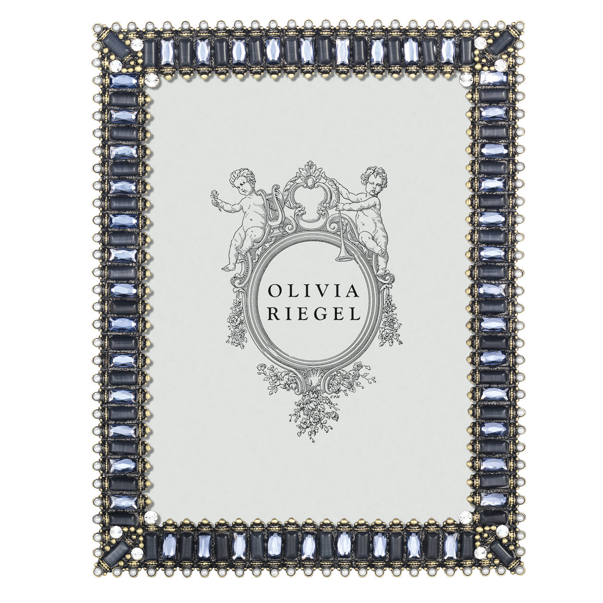 Bronze Copenhagen 5 by 7 Frame rimmed by a row of dark blue rectangle gems and finished with an outer border of white pearls.