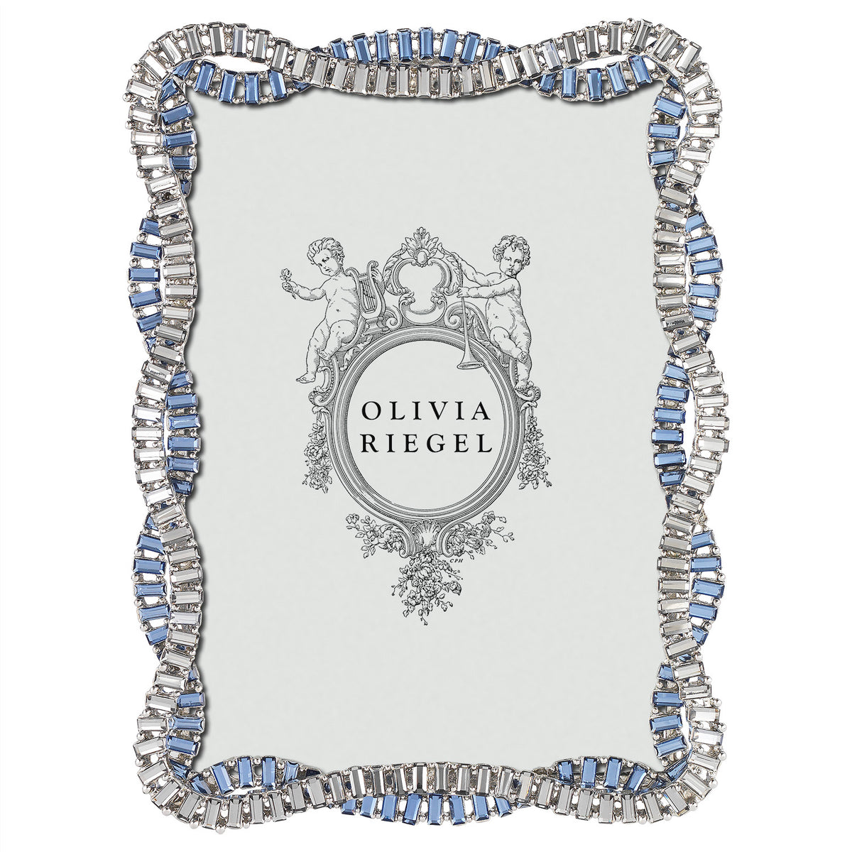 Cydney 5 by 7 Frame with 2 narrow twisting bands - one with clear stones and one with light blue stones.