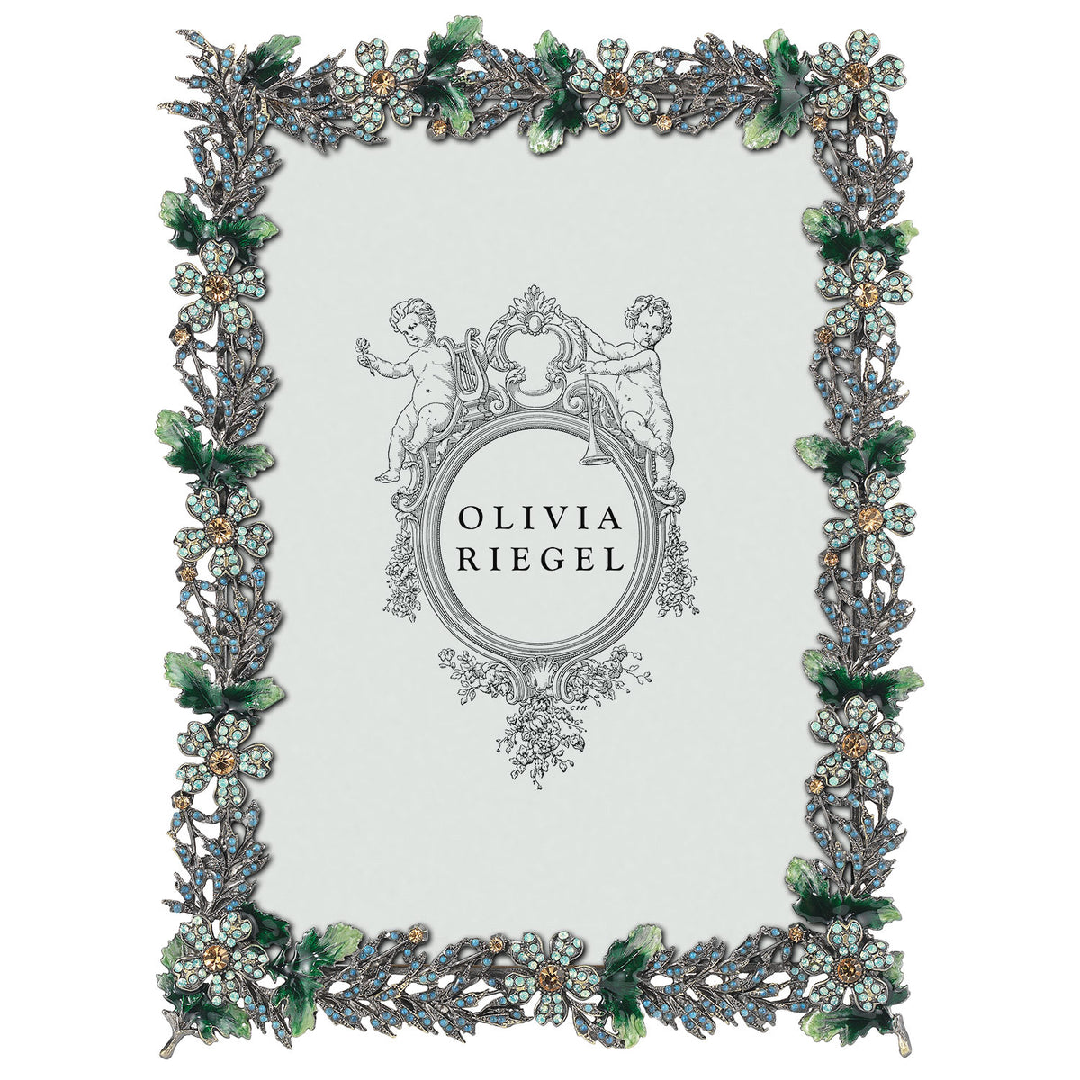 Bronze Edelweiss 5 by 7 Frame with ombre deep green leaves, blue stone studded branches, and opal crystal flowers.