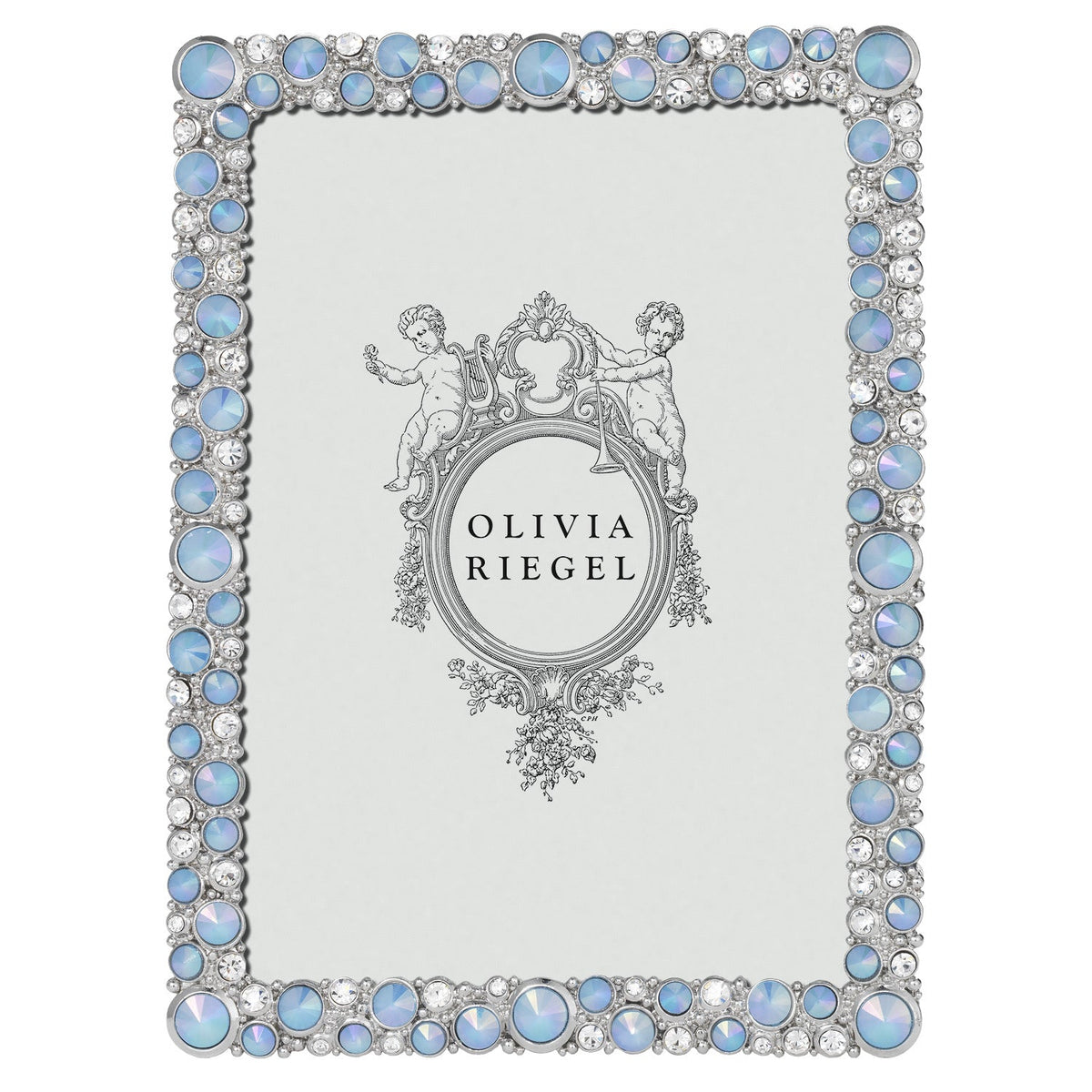 Blue McKenzie 5 by 7 Frame with a thin border accented by mulitple sizes of round pale blue stones and  tiny clear crystals.