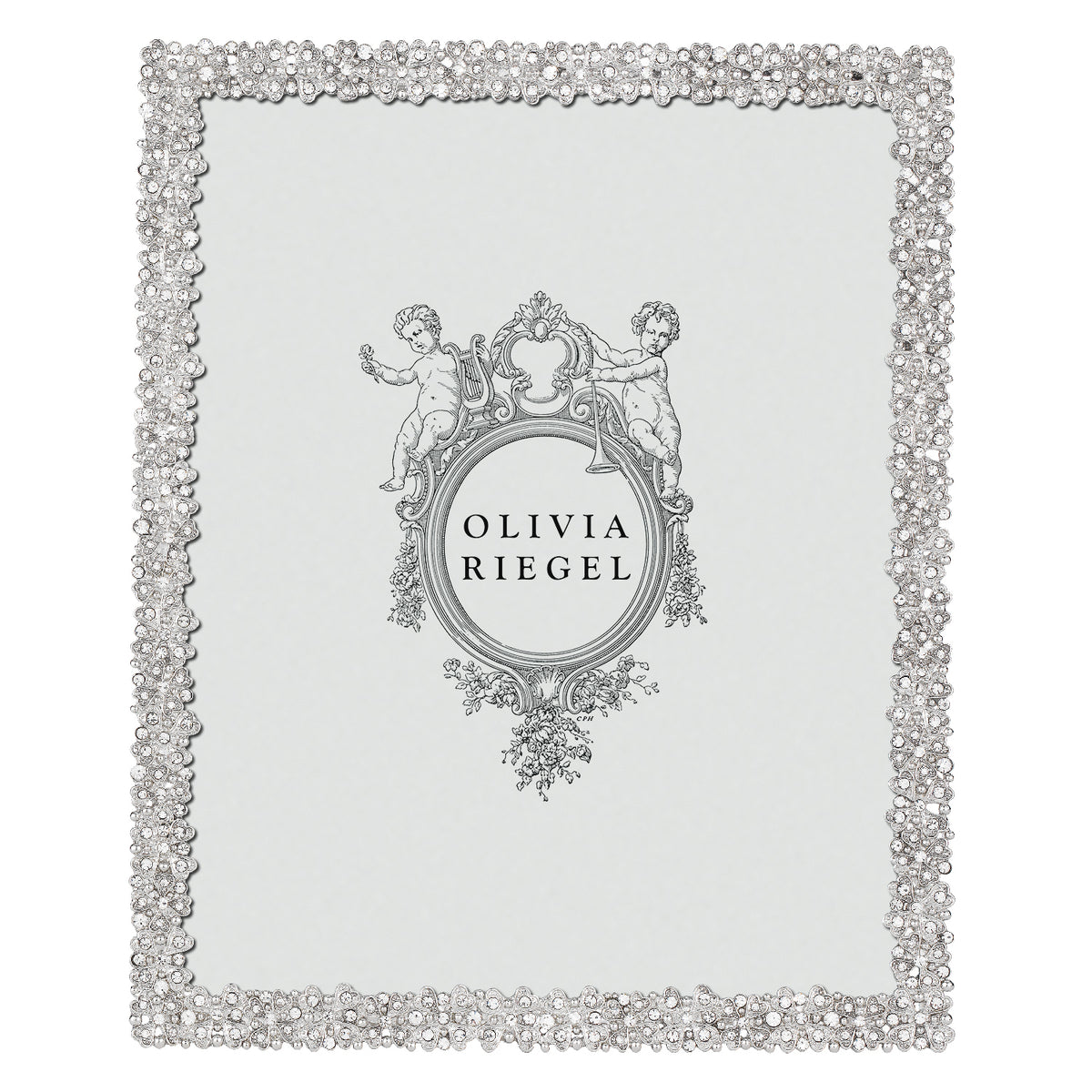 Silver Evie 8 by 10 Frame rimmed with clover-shaped clusters of tiny hearts.