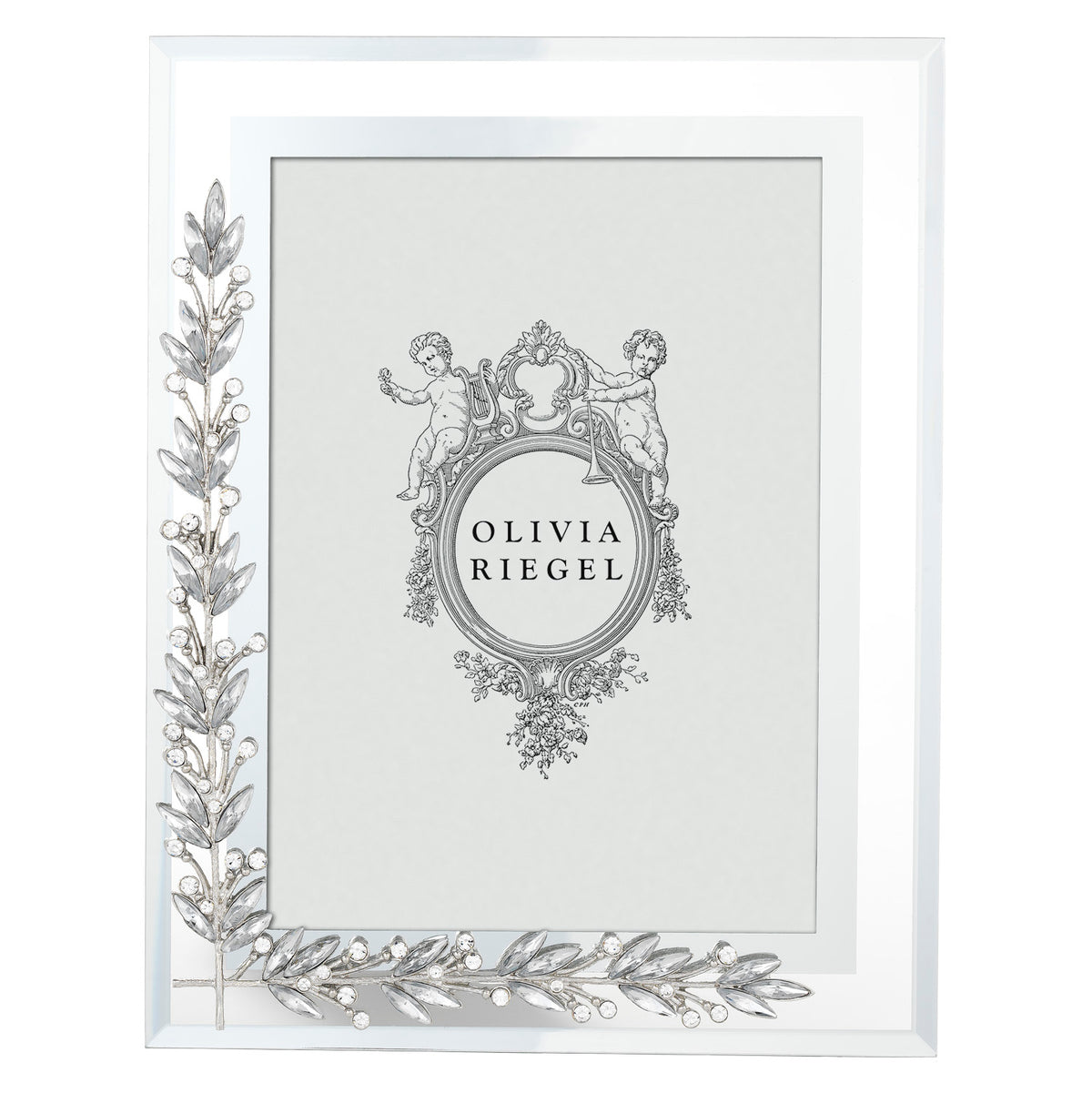 Silver Laurel 5 by 7 Frame with crystal and pewter laurel branches set on the left and bottom sides of the glass border.