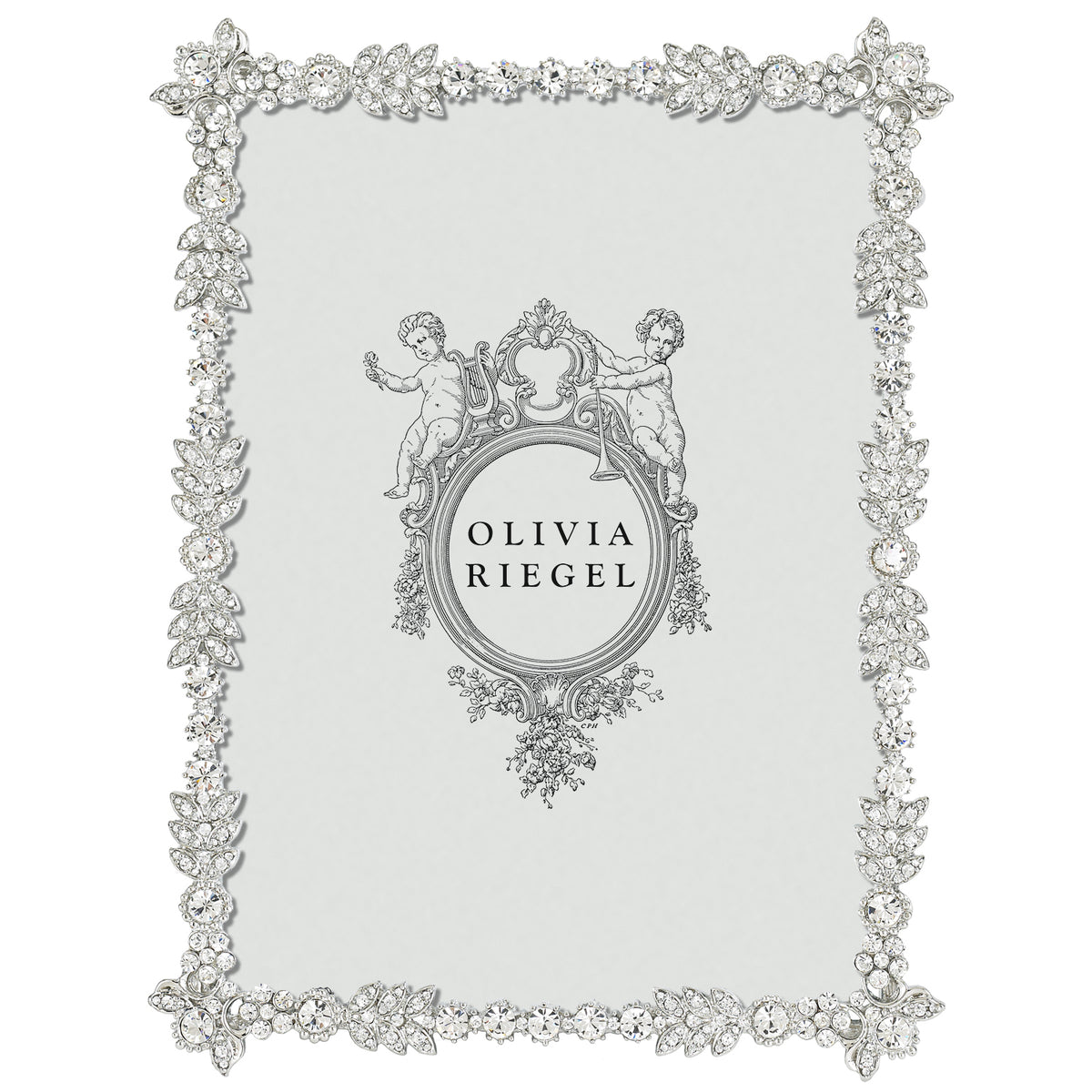Silver Duchess 5 by 7 Frame rimmed with multiple sizes of clear round crystals on a decorative narrow rim.