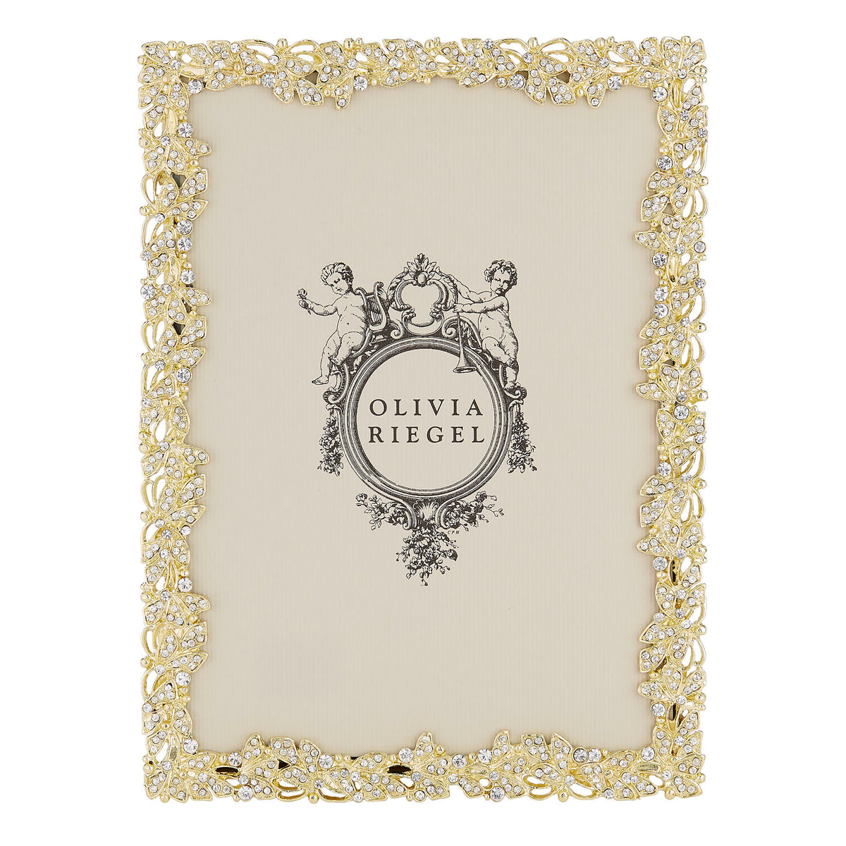 Gold Lottie 5 by 7 Frame with a delicately detailed border studded wth tiny clear stones.