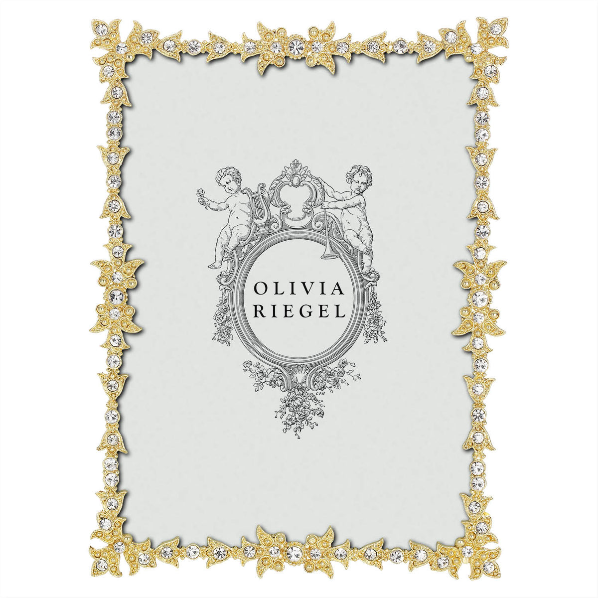 Gold Luxembourg 5 by 7 Frame with a delicate narrow border and tiny clear round crystals.