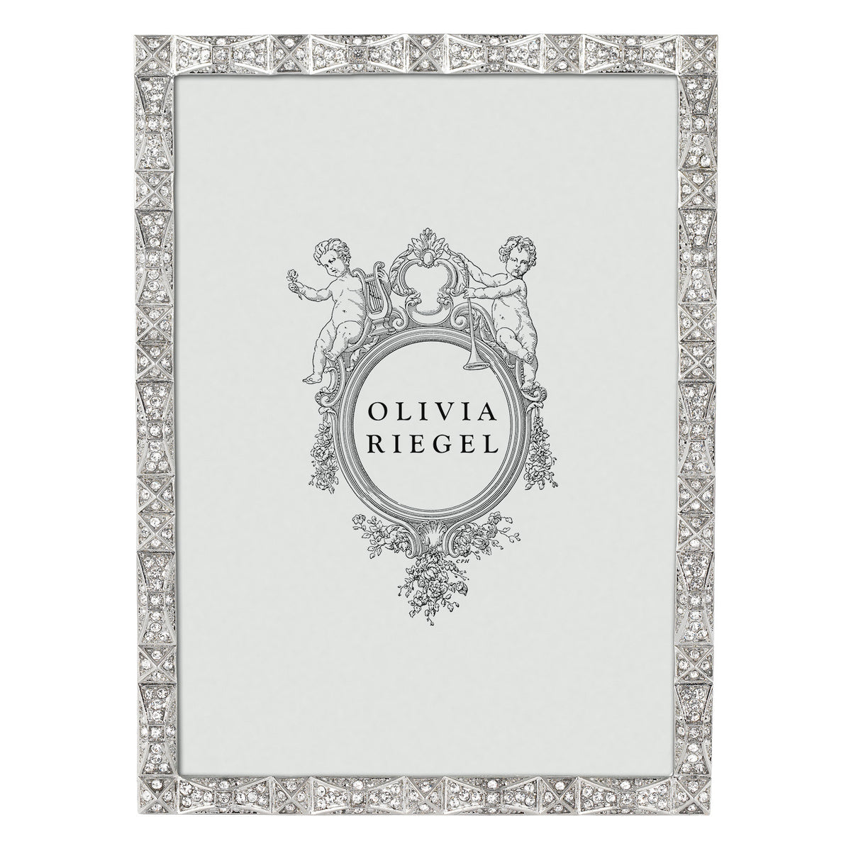 Silver Remy 5 by 7 Frame with a narrow border of alternating square and rectanglular pyramids studded with clear crystals.