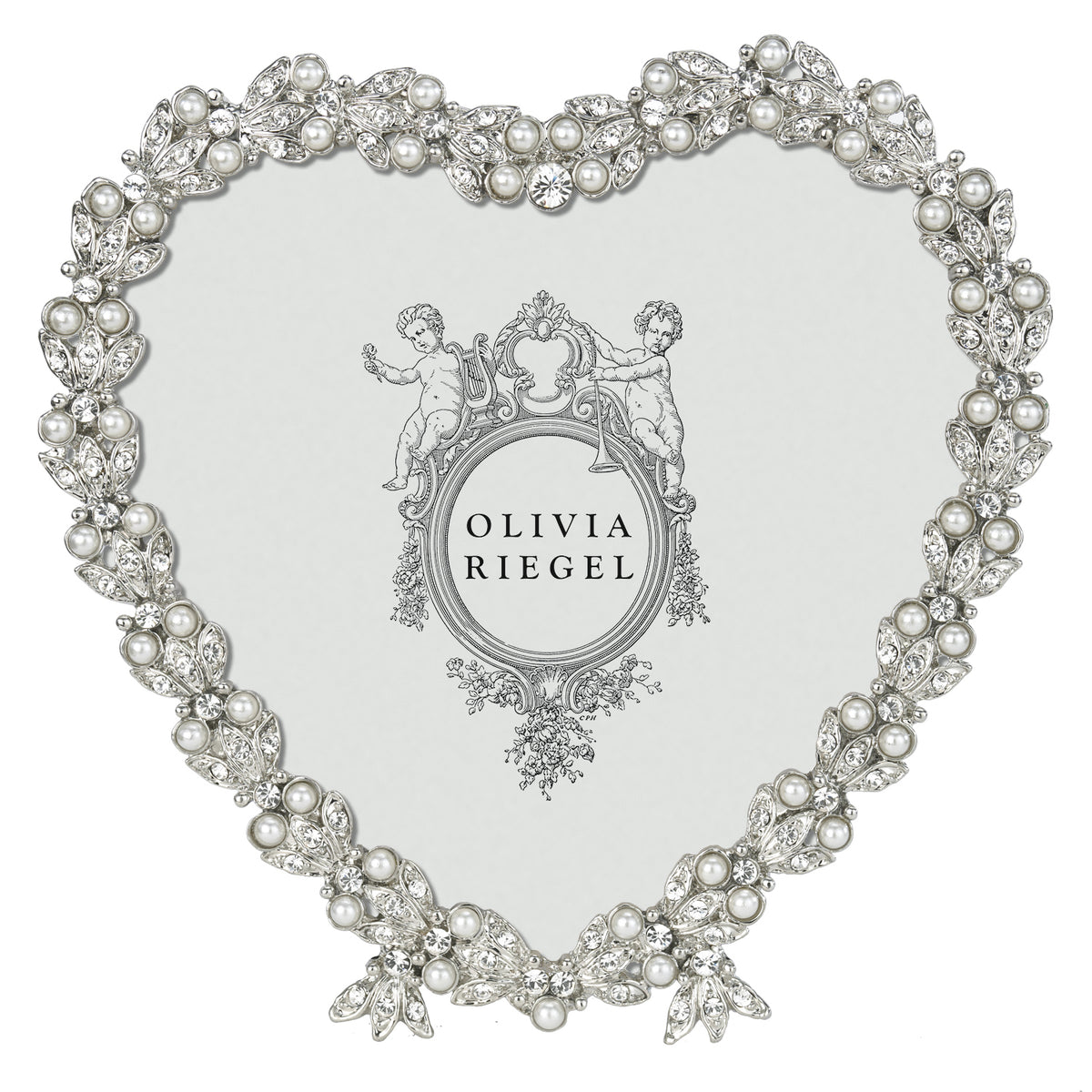 Silver Contessa Heart-shaped 3.5" Frame rimmed with tiny round clear crystals and pearls