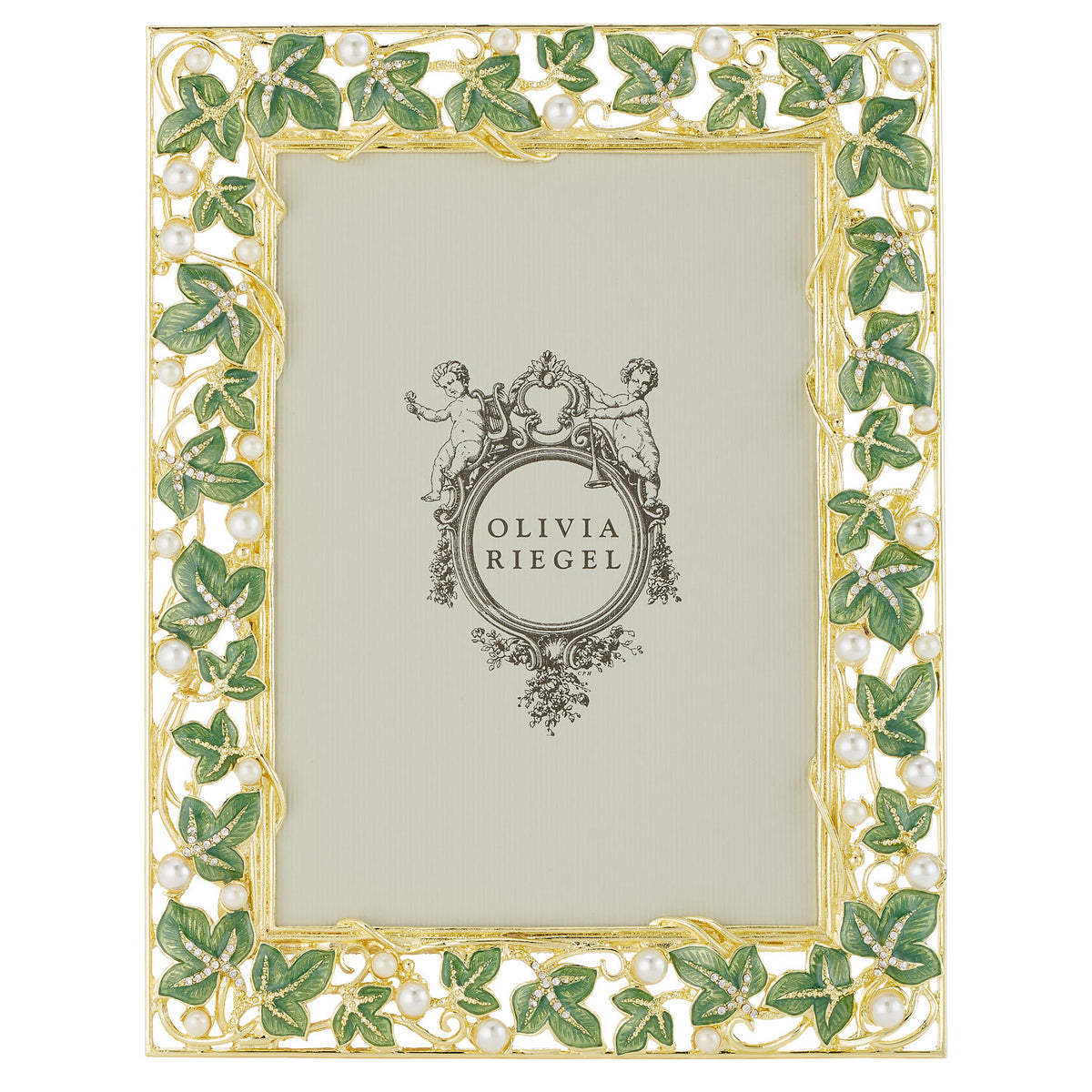 Gold Ivy 5 by 7 Frame bordered by repeating green enamel leaves.