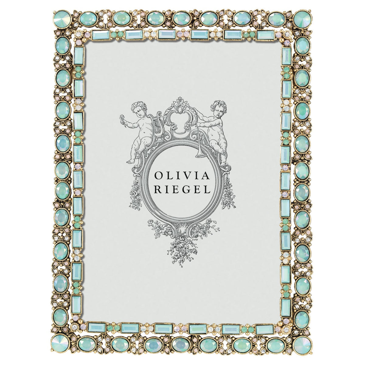 Gold Patrice 5 by 7 Frame with an inner border of pale blue-green rectangle gems and an outer border of matching ovel gems.