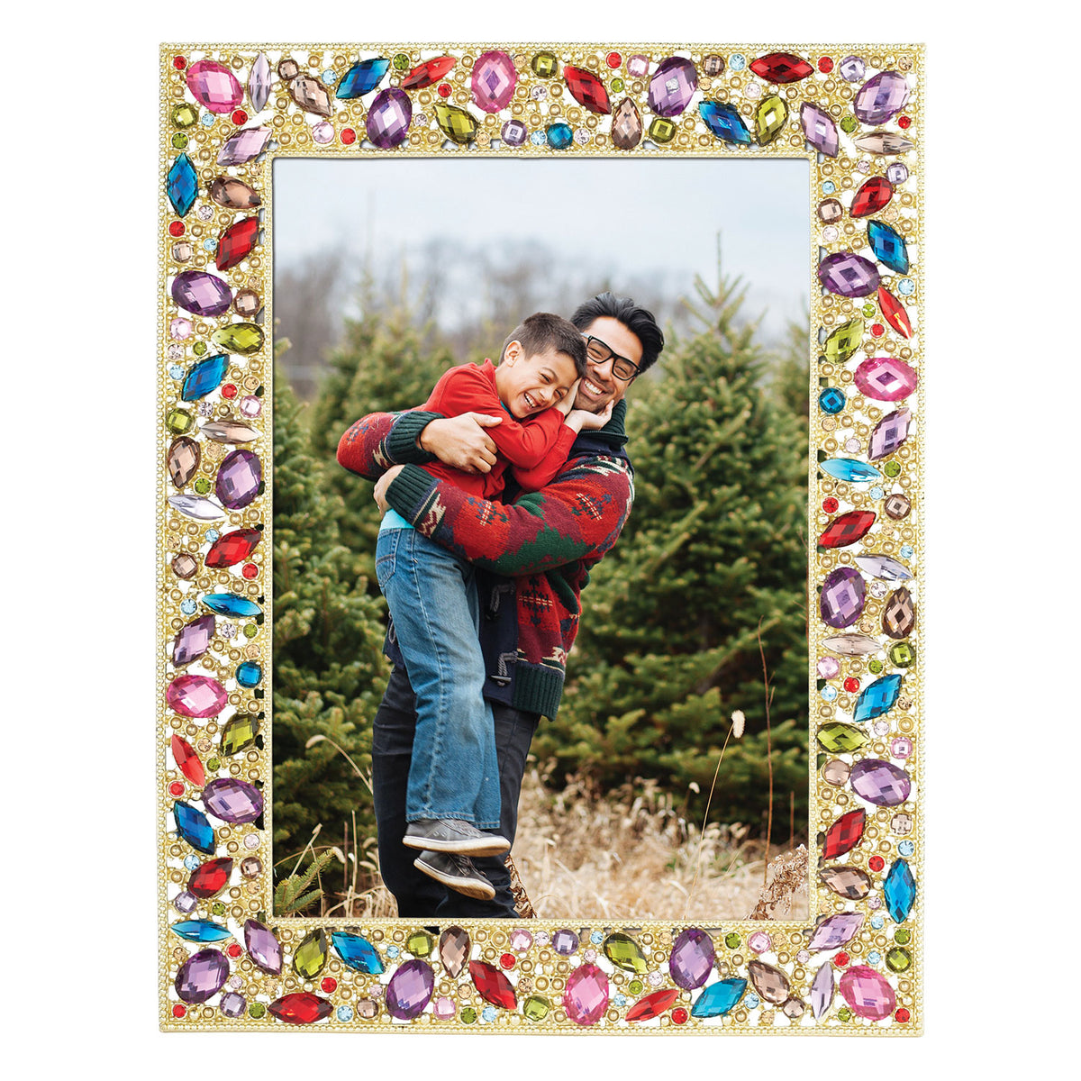 Gold Dominique 5 by 7 Frame- textured metal border studded with multiple sizes of round, oval and teardrop jewel-toned gems.