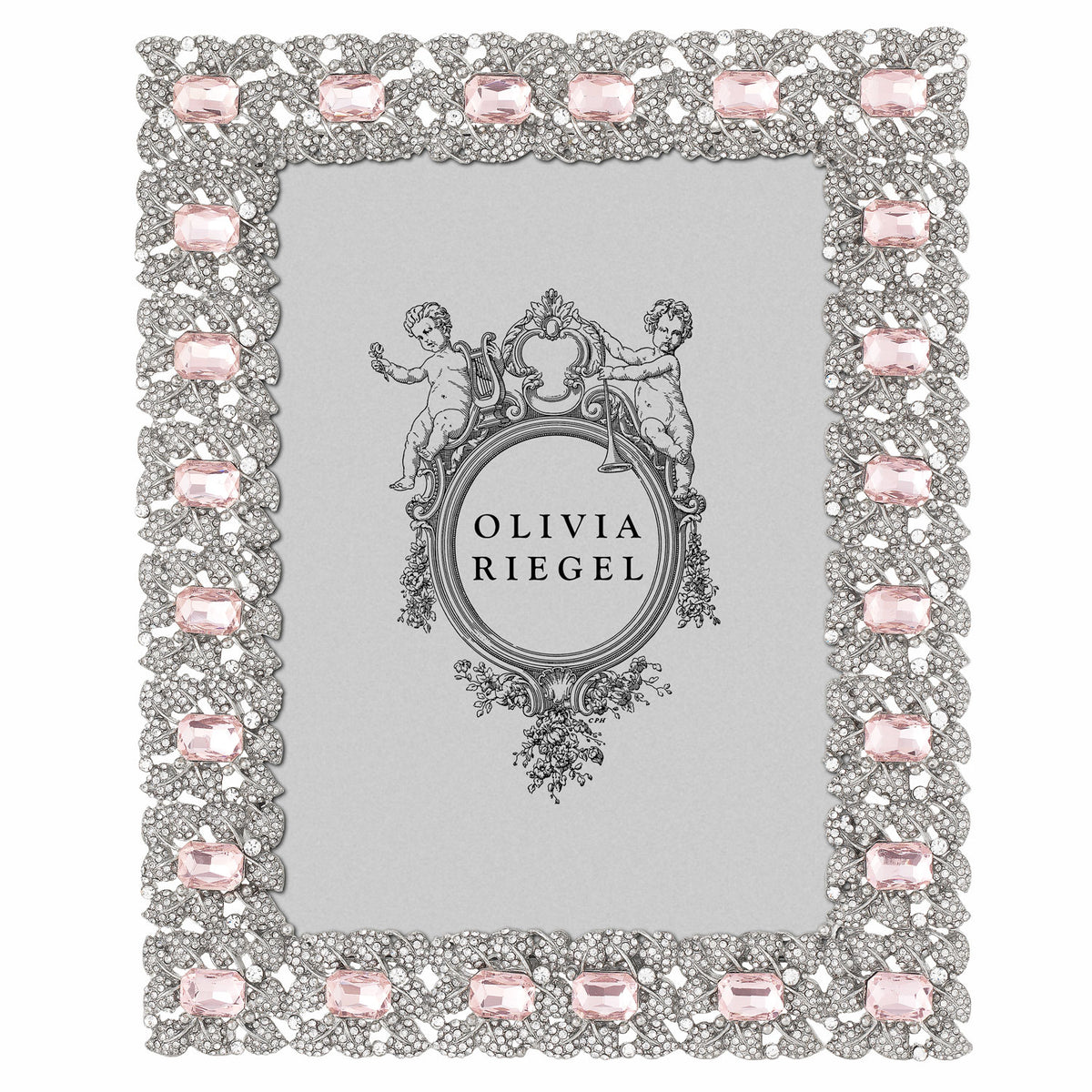Silver Genevieve 5 by 7 Frame with large pale pink gems and tiny clear crystals.