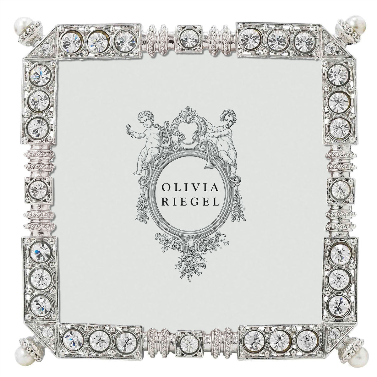 Madison 3.5 by 3.5 Frame with a pearl in each corner and a row of clear round crsytals arround the border.