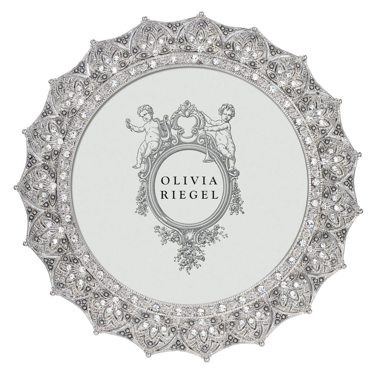 Silver Windsor 4" Round Frame with an ornate border studded with clear crystals.