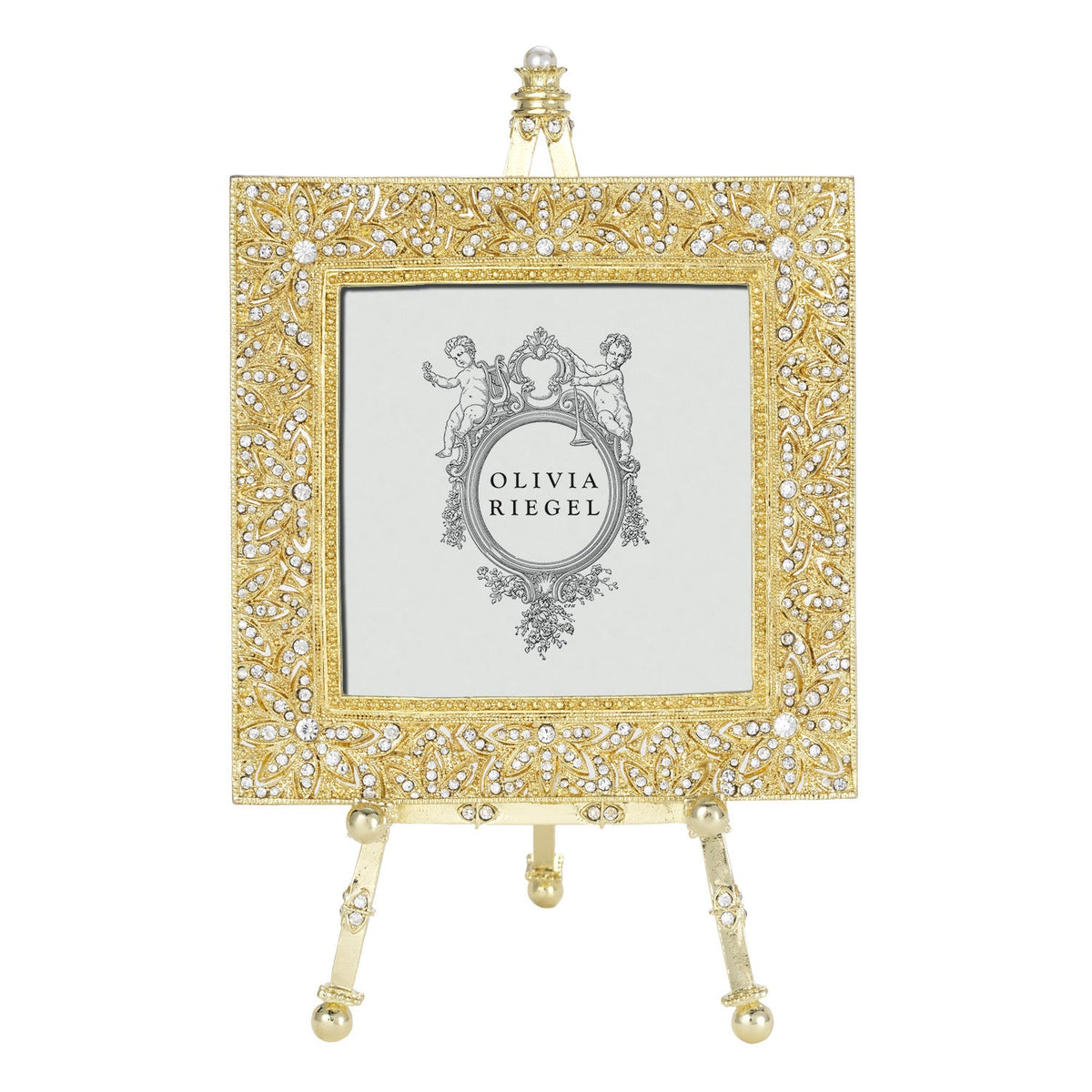 Gold Windsor 4 by 4 Frame with an ornate border studded with clear crystals on a gold Easel