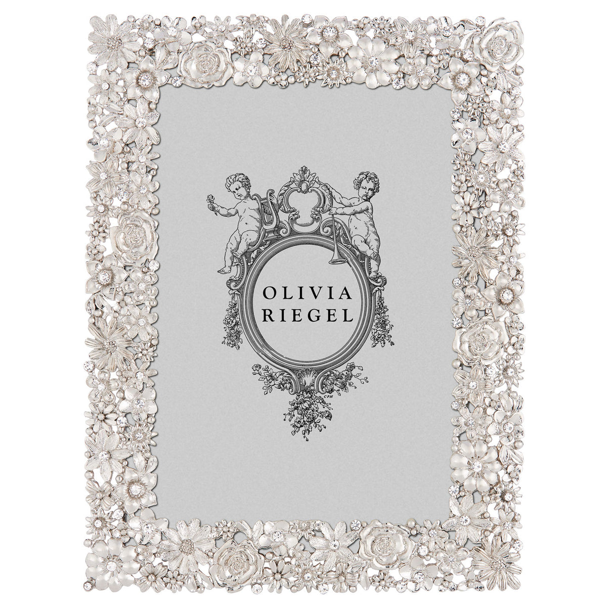 Silver Everleigh 5 by 7 Frame bordered with hundreds of blooms in variuos sizes.