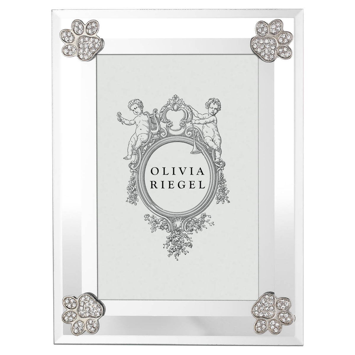 Paw Print 4 by 6 Clear Glass Frame with inner and outer bands of mirrored glass and a crystal paw print in each corner. 