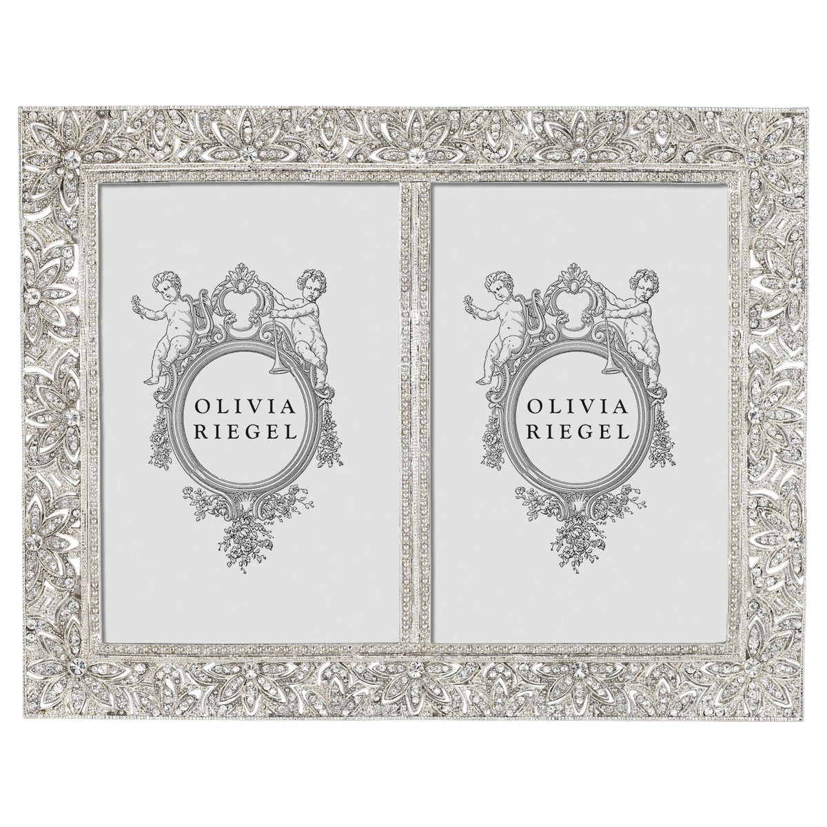 Silver Windsor 4 by 6 Double Frame with an ornate border studded with clear crystals