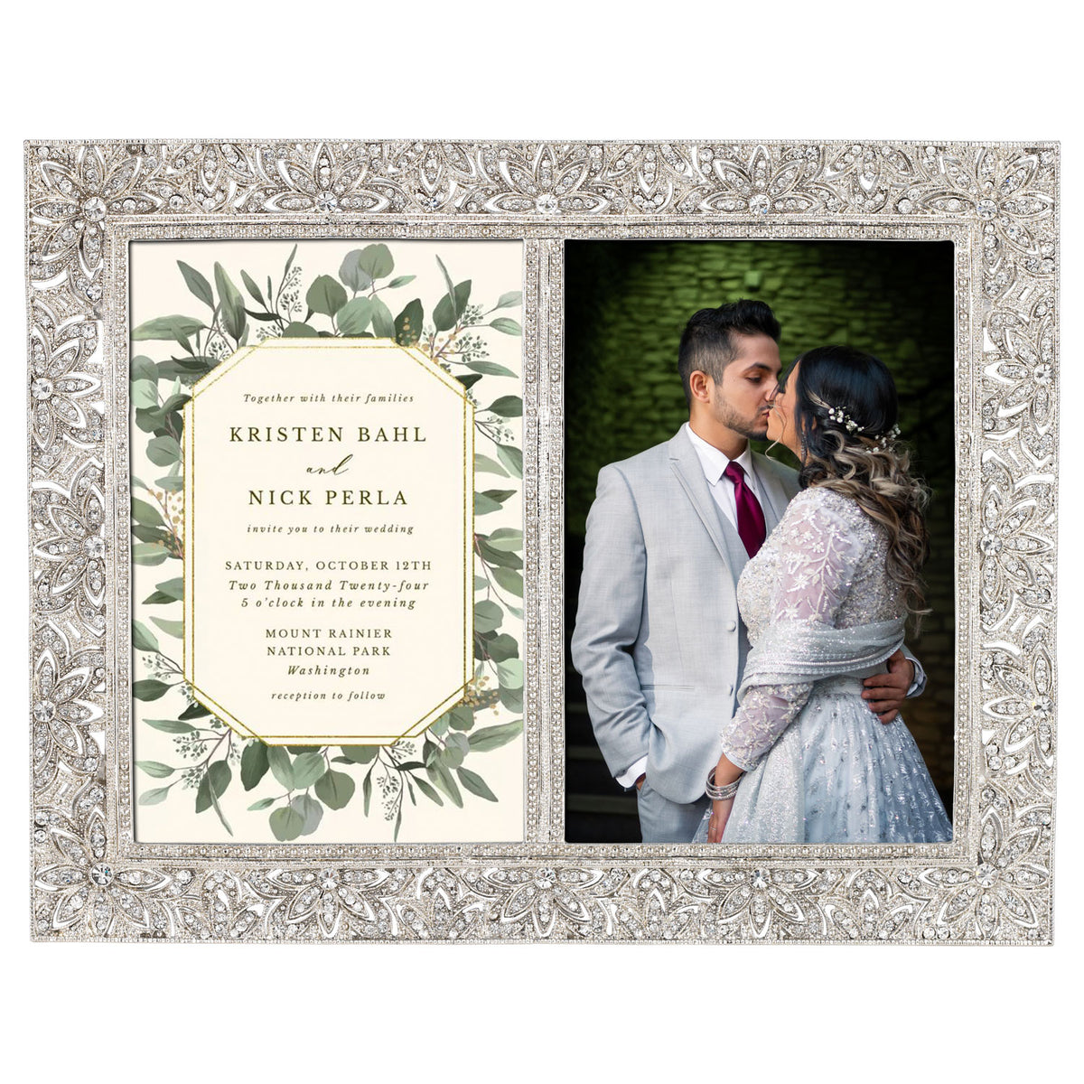 Silver Windsor 4 by 6 Double Frame with a photo of bride and groom in right slot  and a wedding invitation in left slot.
