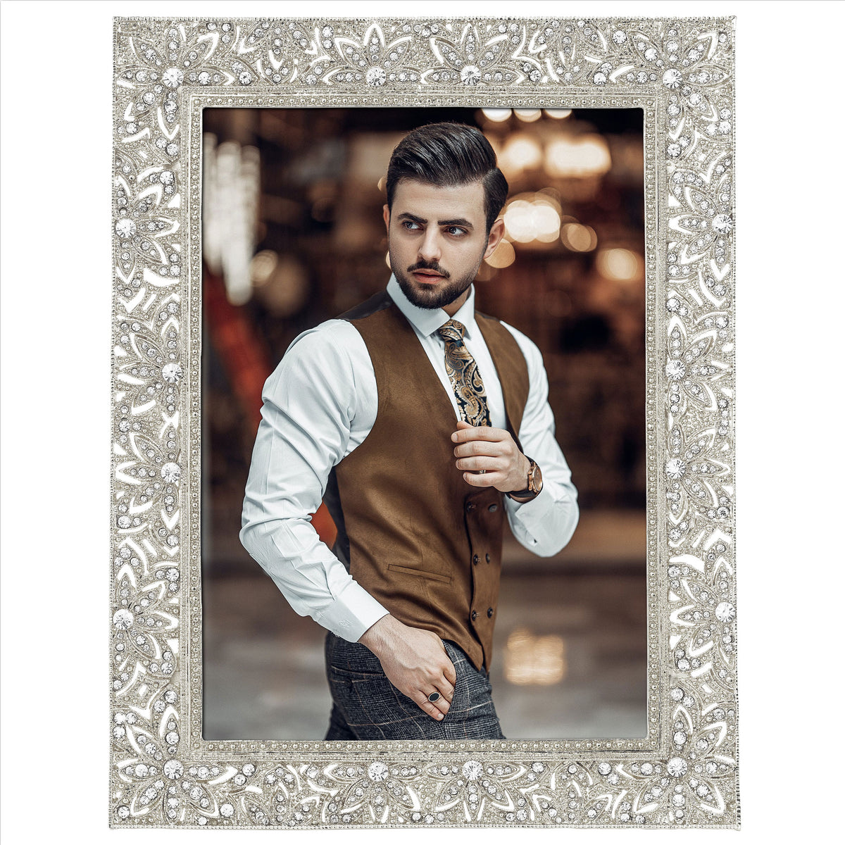 Silver Windsor 5 by 7 Frame with a photo of a young man in formal wear.