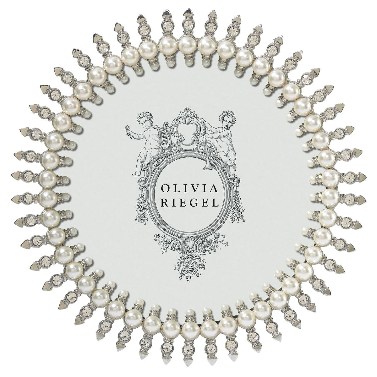 Silver Pearl Jubilee 5" Round Frame with repeating outward spikes of pearls and crystals.