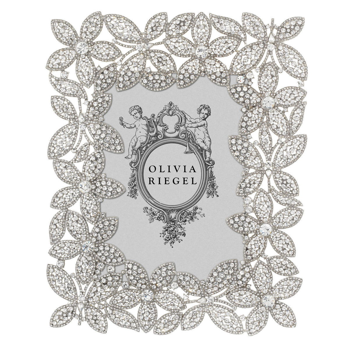 Silver Crystal Stella 5 by 7 Frame with an open border of butterfles and flowers studded with clear European stones.