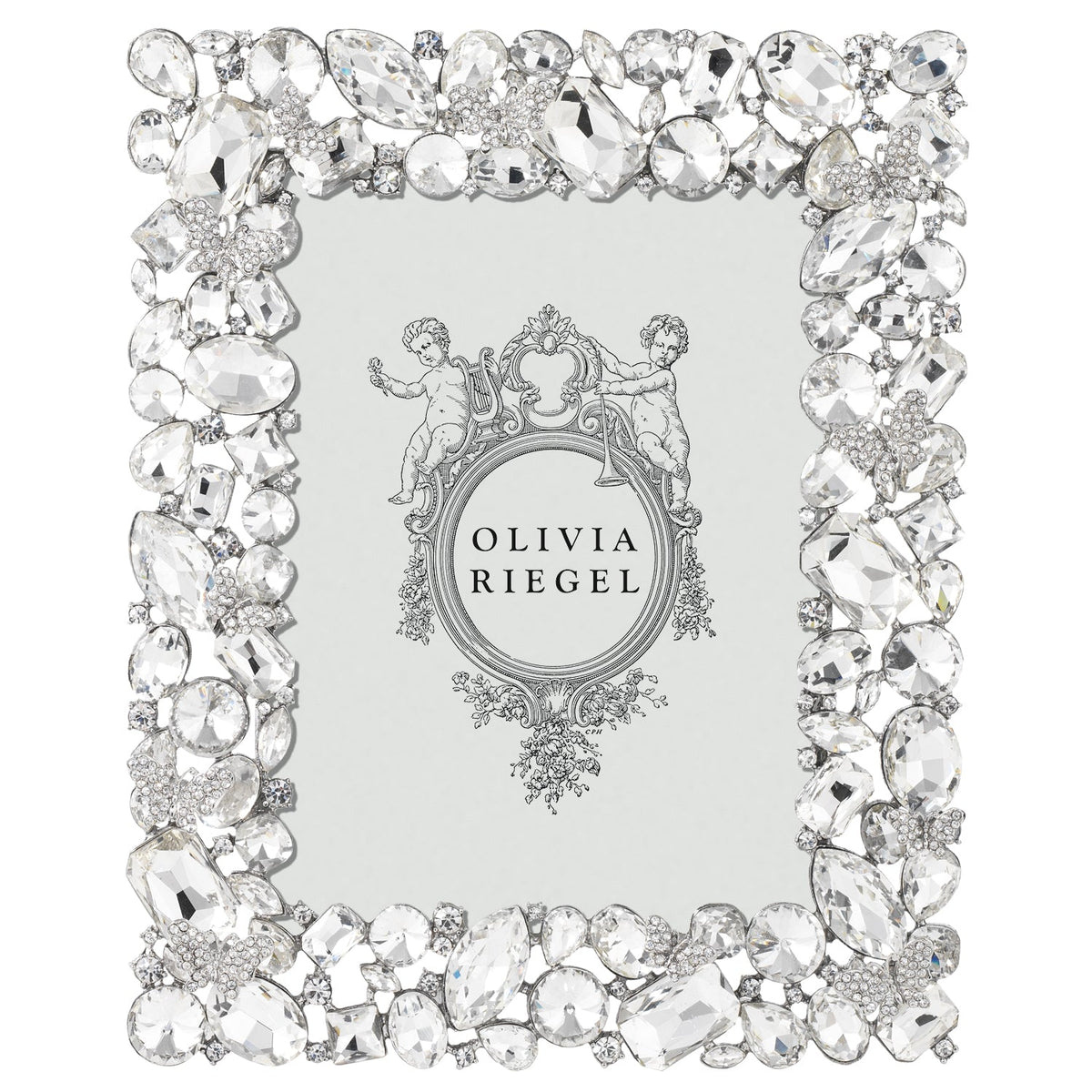 Roxy 5 by 7 Frame with chunky clear glass gems in various shapes and tiny crystal butterflies.