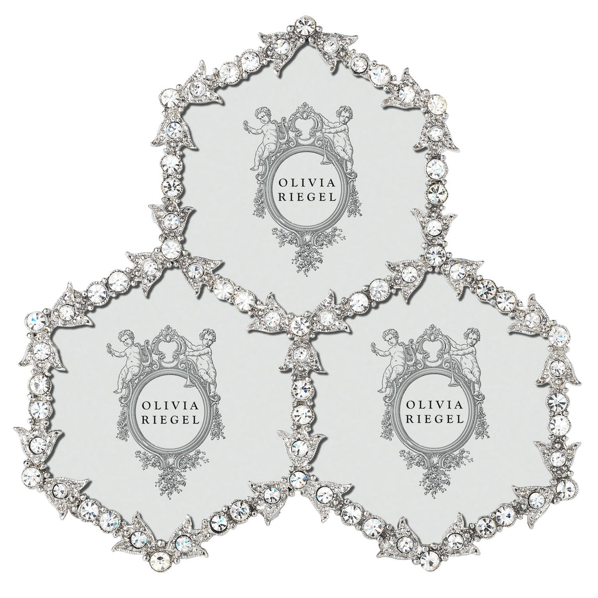 Silver Luxembourg  Frame with 3 Hexagonal 2.5" sections for photos. 2 slots are on bottom with the third centered above them.