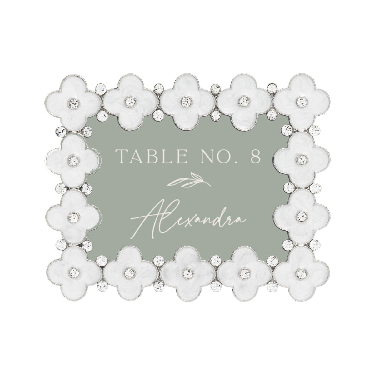 White Enamel Clover 2.5 by 3.5 Frame, set horizontally as a place card holder.