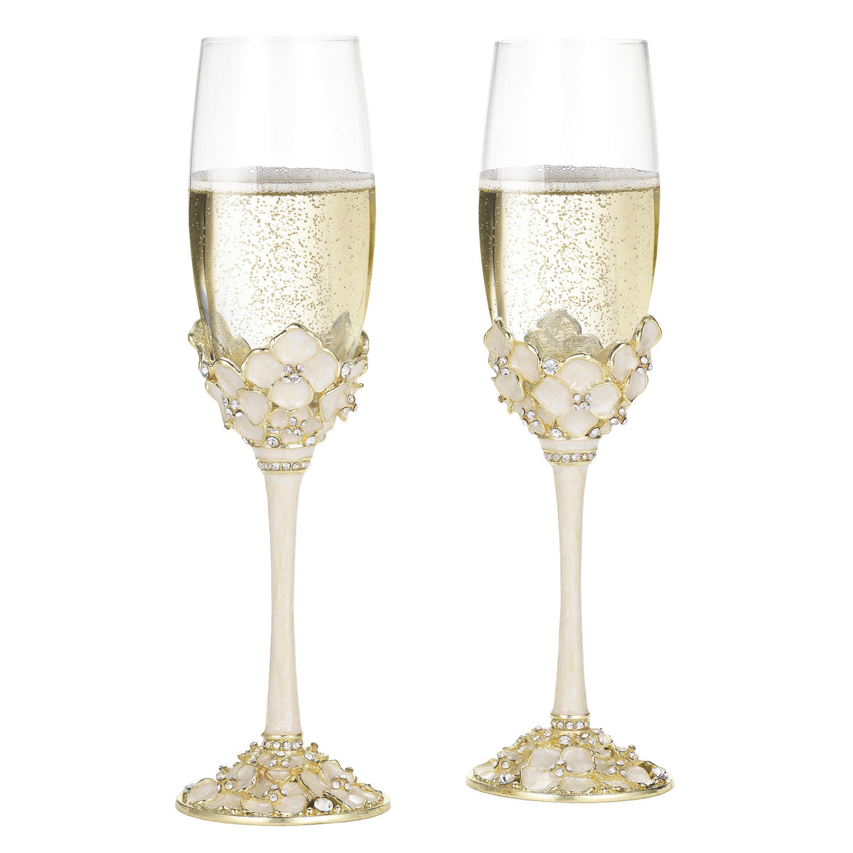 Two champagne-filled Dogwood Flutes.