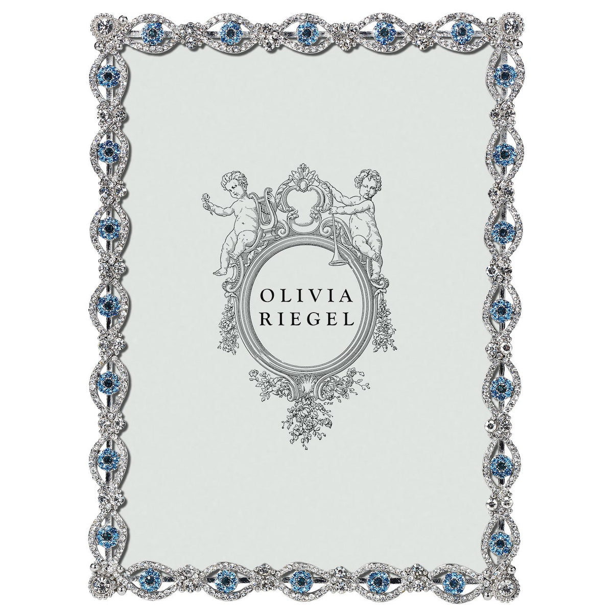 Silver Evil Eye 5  by 7 Frame bordered with repeating blue crystal eyes.